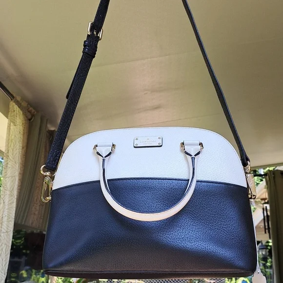 SOLD Kate Spade Soft White/ Black Pebble Leather Satchel/Crossbody EC - Picture 6 of 16